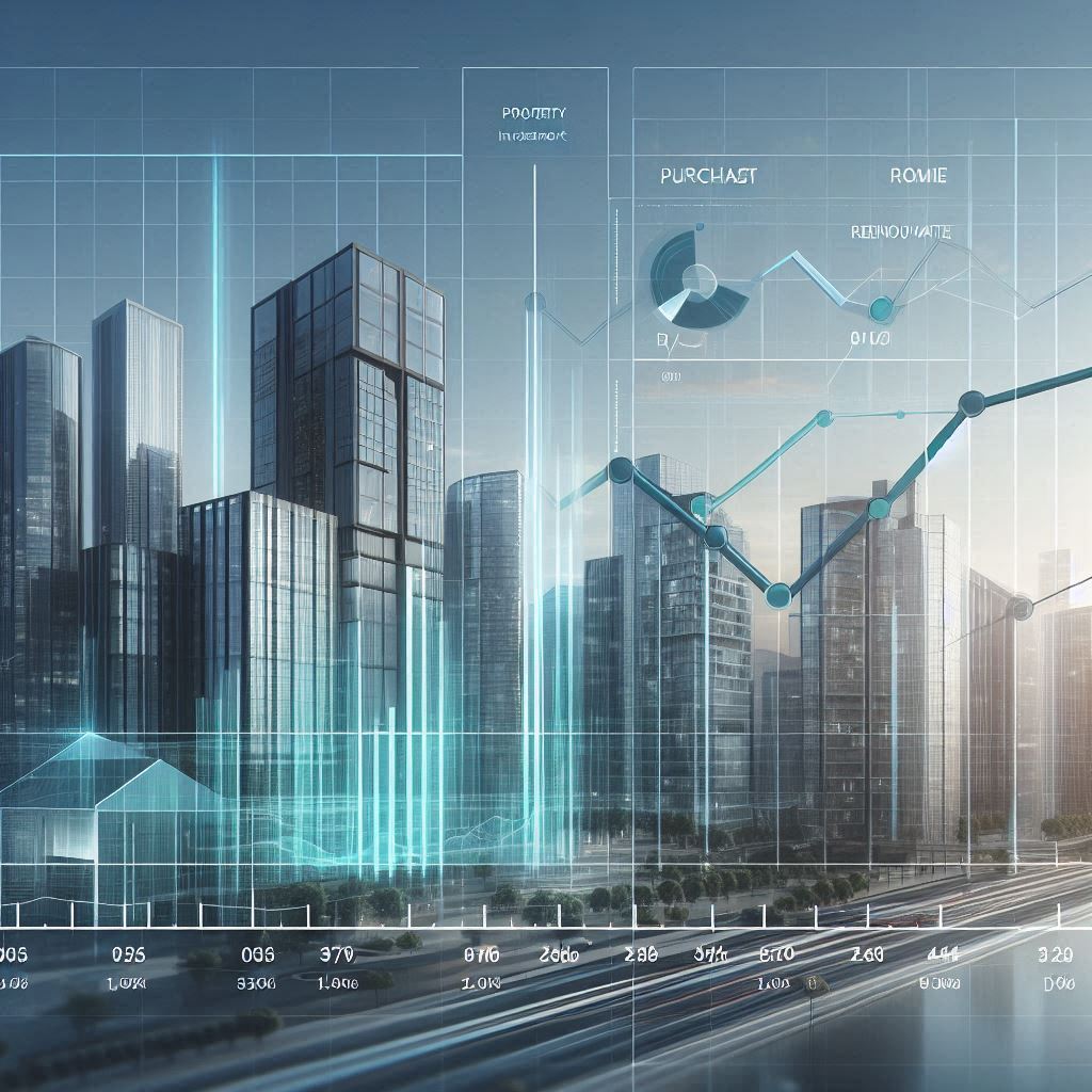 A modern visual representation of property investment ROI and growth over time. The image should fea